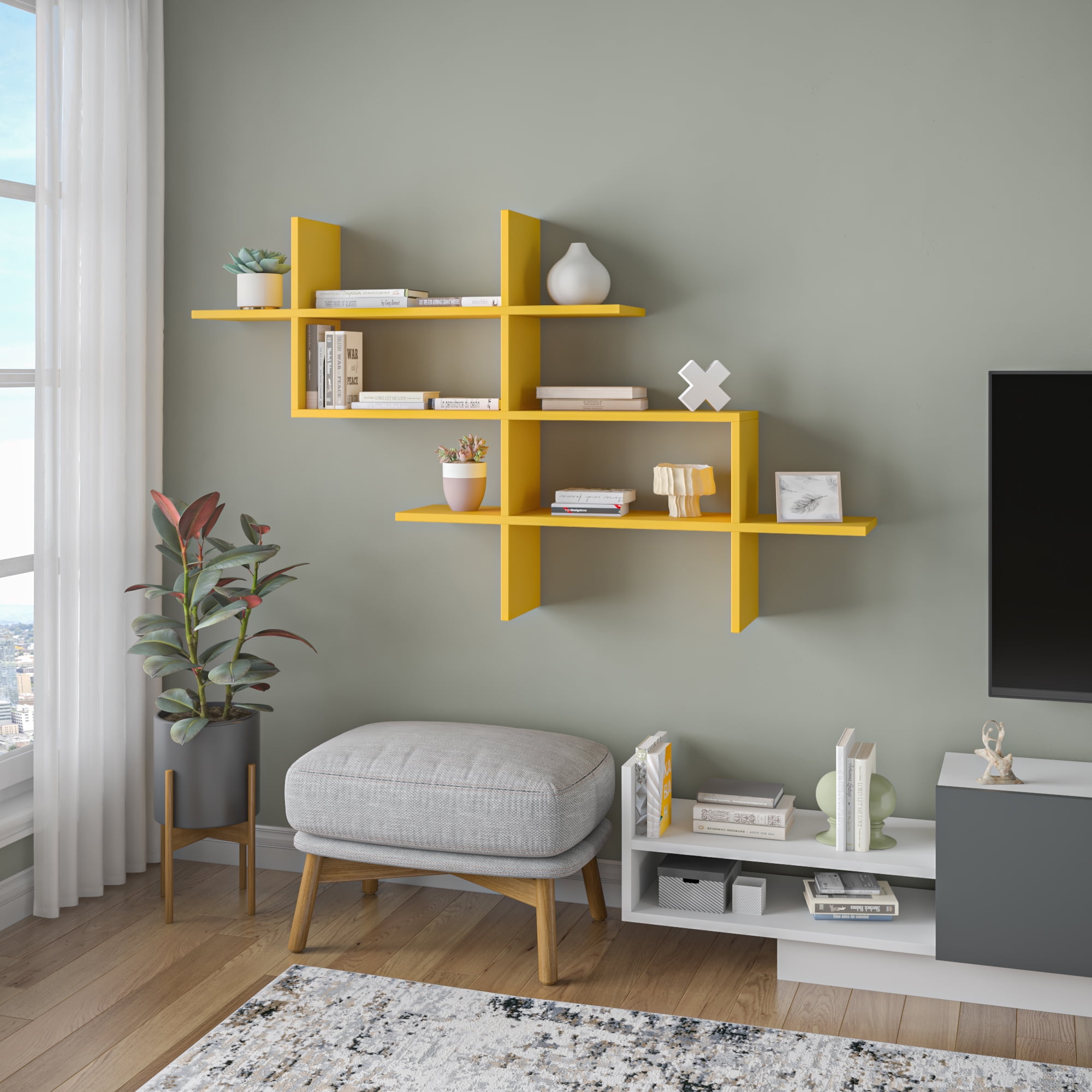 Ada Home Decor Furniture 59" 3 Tier Mustard Warren Modern Wall Shelf
