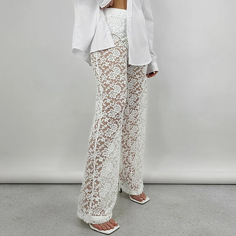 Womens Pants Lace See Through High Waisted Patchwork Long
