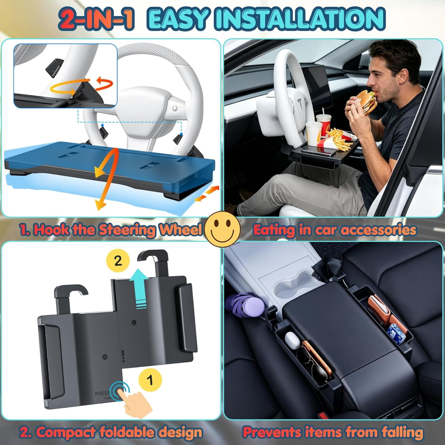AUEOTUAR Carbon Fiber 3-in-1 Steering Wheel Tray Table & Car Seat Gap Filler Organizer | Foldable Adjustable Desk for Laptop, Eating & Work | Universal Car Office Accessories for Drivers, Women & Men