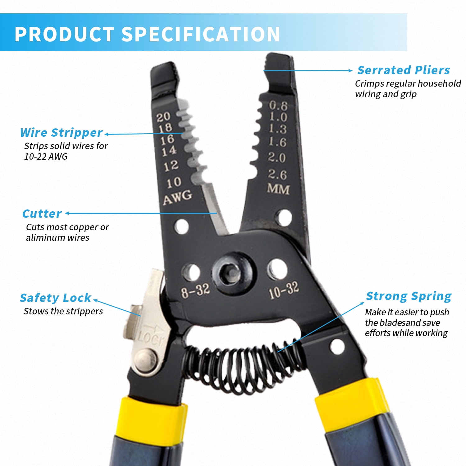 Quanmin Multifunction 7.5 Inch Wire Cutter and Wire Stripper, Stranded Wire Cutter, Solid Wire Cutter, Precision Pliers Springloaded Cuts Copper Wire, with 5 inch Needle Nose Pliers