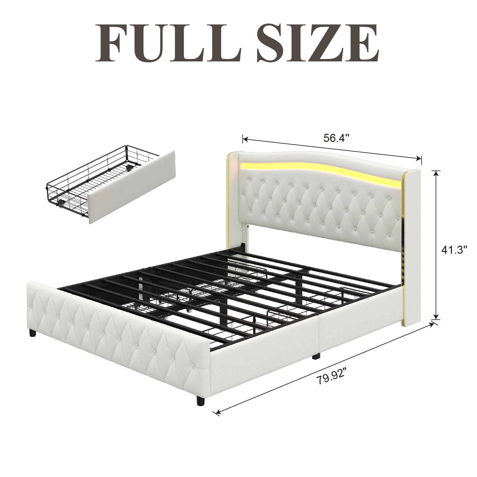E-Motie Full Bed Frame with LED Lights & Charging Station, PU Leather Wingback Upholstered Platform Bed with 4 Storage Drawers, White