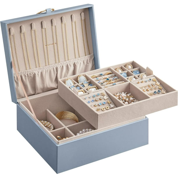 SONGMICS Caja Joyero, Estuche de Joyas con 2 Capas, con Asa, Bandeja Flexible, 20.5 x 24 x 11 cm, Azul Nublado