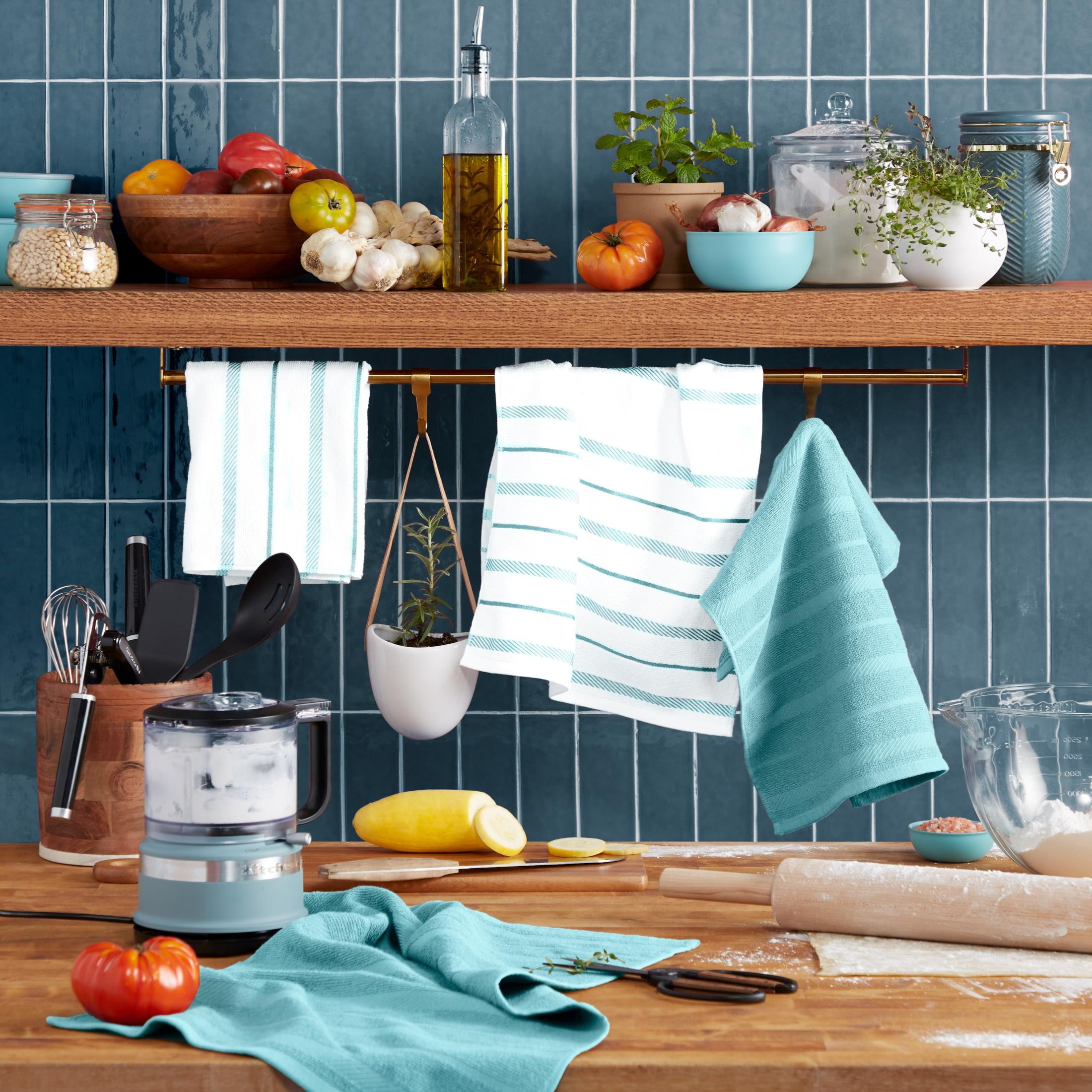KitchenAid Albany Kitchen Towel 4-Pack Set, Light Aqua/White, 16"x26"