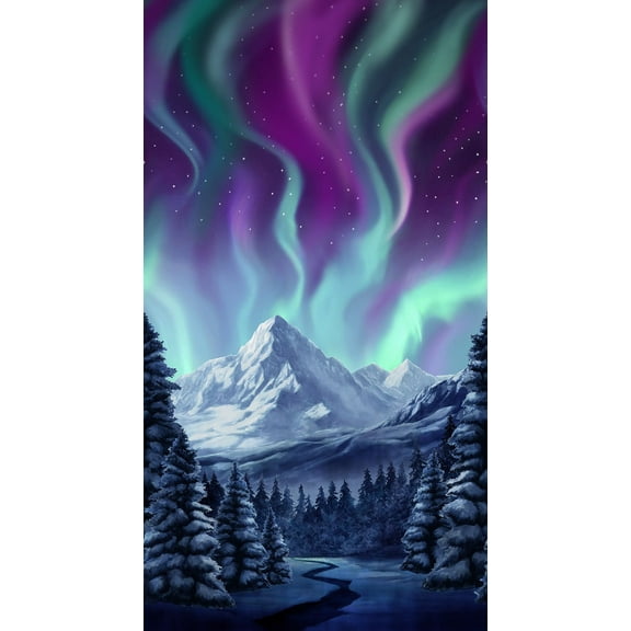 24" X 44" Panel Northern Lights Snowy Mountain Pine Cotton Fabric Panel D484.52