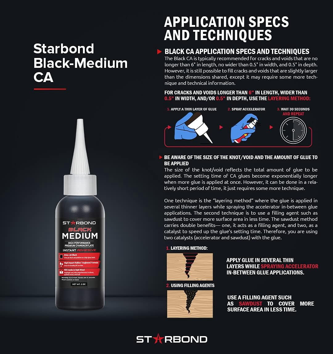 Starbond 2 oz. Black Medium CA Glue (Premium Cyanoacrylate Super Glue) Crack Filler 150 CPS Viscosity for Woodworking, Woodturning, Carpentry, Guitar, RC Hobby