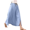 thumbnail image 5 of Cotton Linen Maxi Skirt, High Waisted Flowy Long Skirt with Side Slit, Casual Elastic Waist Drawstring Midi Skirt, Solid Color, 5 of 5
