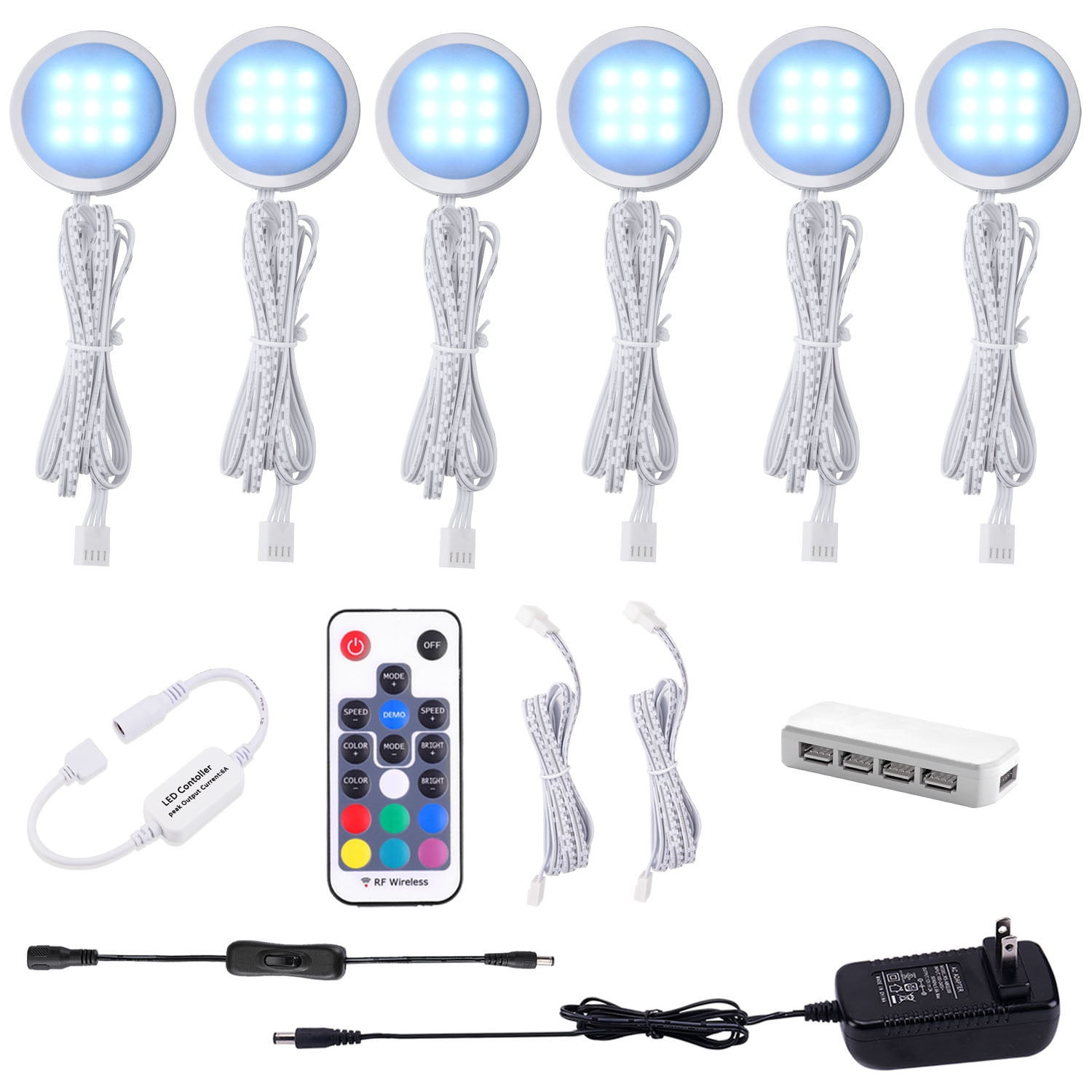 Laboreducer RGB Color Changing LED Under-Cabinet Lights, 7.87 in, Slim Puck Lamps, 6 Count