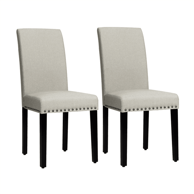 Costway Set of 2 Fabric Dining Chairs Upholstered w/ Nailhead Trim Beige