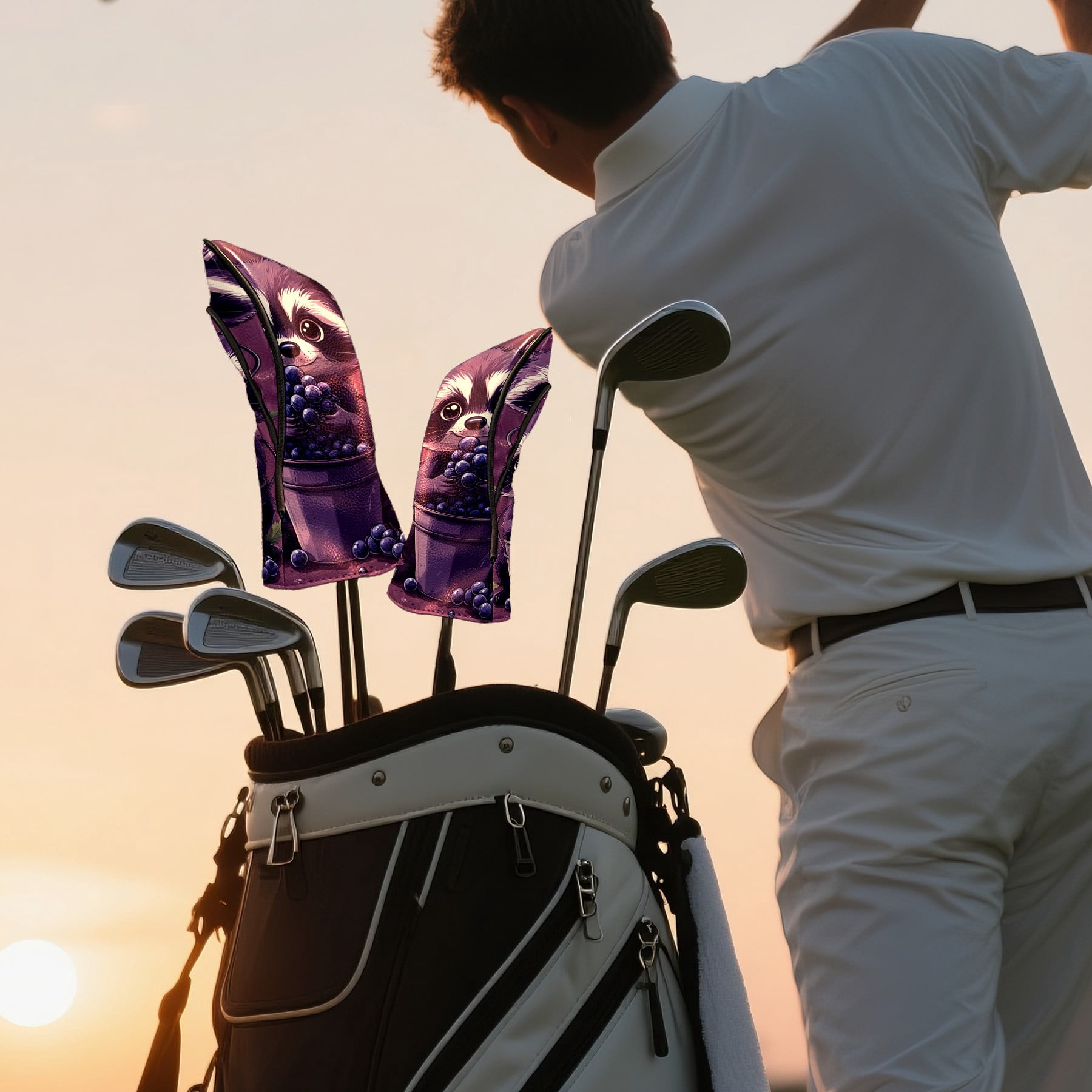 Golf Club Covers PU Leather Waterproof Head Covers for Fairway Woods Hybrids Cartoon Raccoon