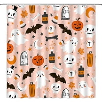 Spooky Halloween Shower Curtain Pink Pumpkin Bat Witch Skull Boho Ghotic Alchemy Magic Scary Funny Cute Cartoon Icons Holiday Happy Halloween Party Fabric Bath Curtain Set with Hook
