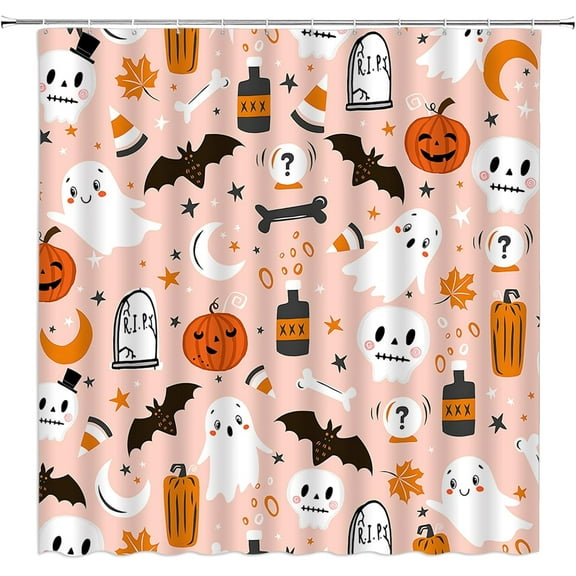 Spooky Halloween Shower Curtain Pink Pumpkin Bat Witch Skull Boho Ghotic Alchemy Magic Scary Funny Cute Cartoon Icons Holiday Happy Halloween Party Fabric Bath Curtain Set with Hook