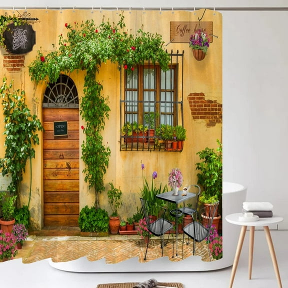 Rural Town Flower Garden Brick Wall Printed Fabric Shower Curtains Bathroom Curtain Waterproof Products Home Decor with