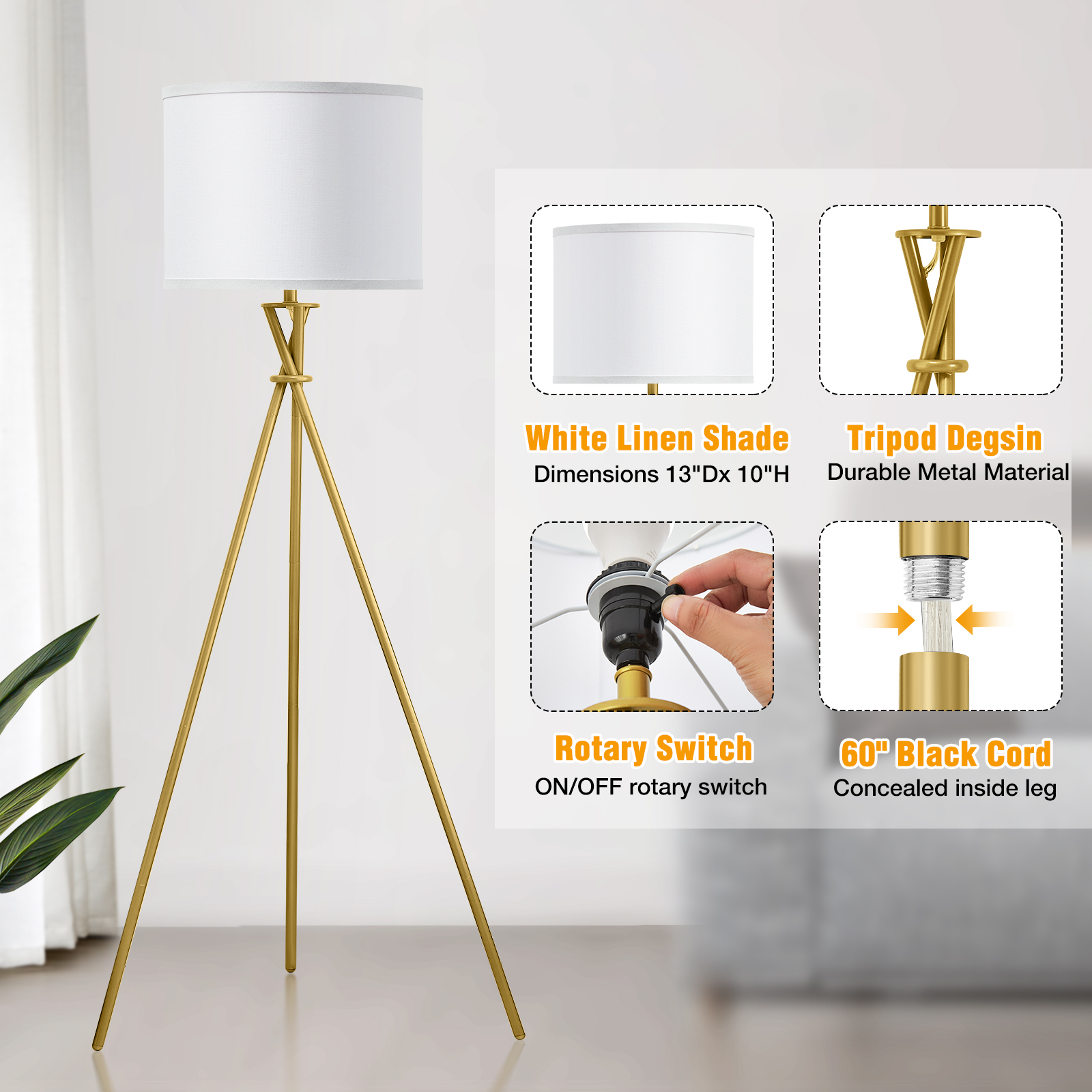 NATYSWAN 61" Gold Tripod Floor Lamp with White Shade photo 3
