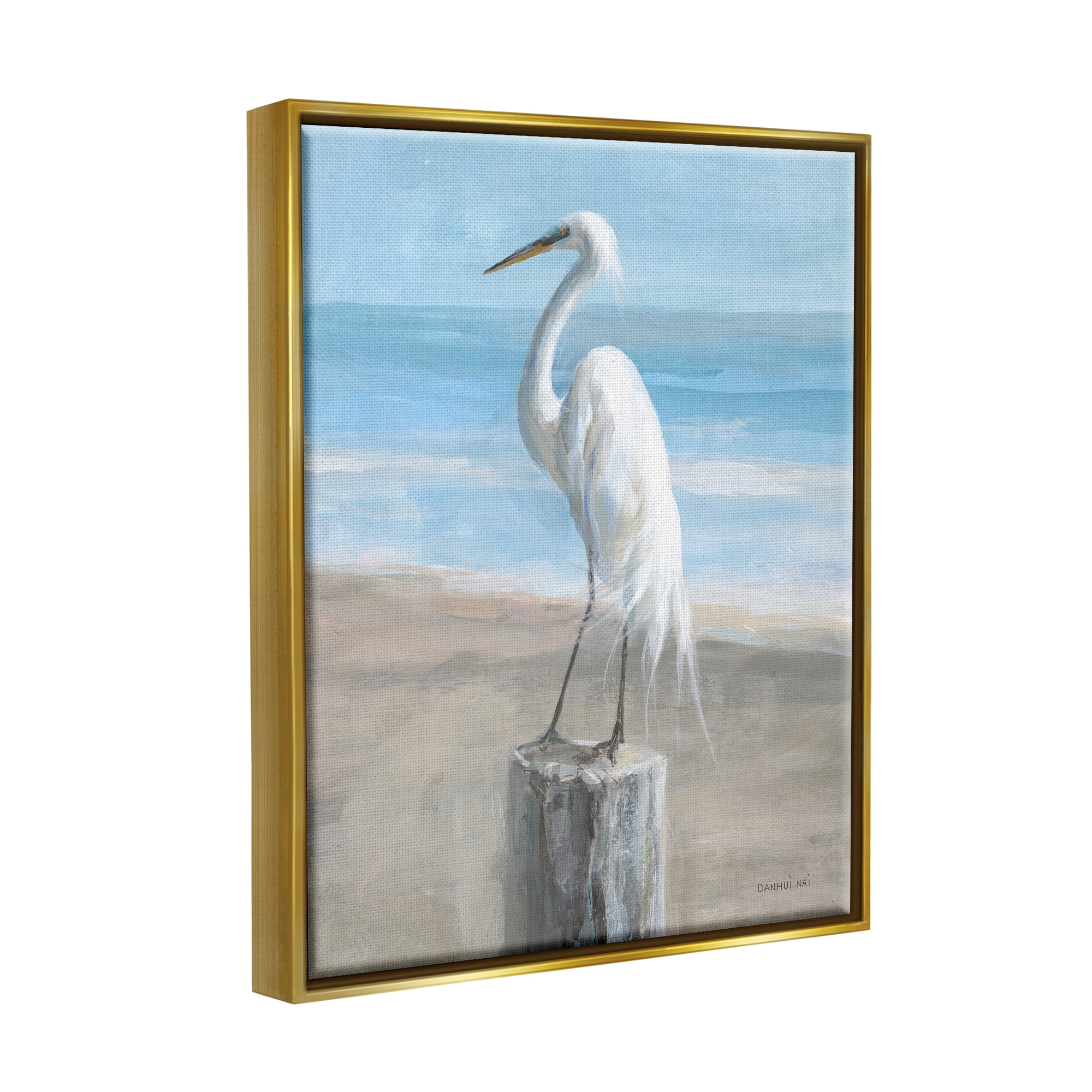 Stupell Industries Egret Coastal Landscape Animals & Insects Painting Gold Floater Framed Art Print Wall Art, 17 x 21