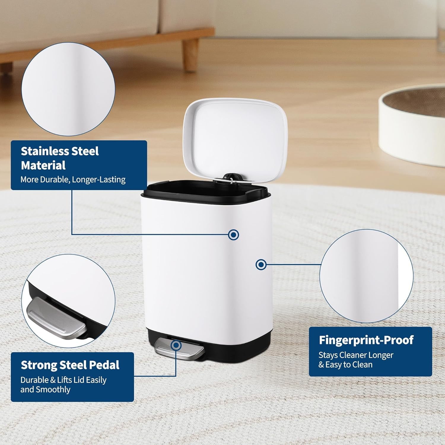 Bathroom Trash Bin with Lid, 3.2 Gallon Stainless Steel Kitchen Trash Can, With Automatic Lowering and Soft Closing, Recycling Bin for Kitchen, Bathroom or Office