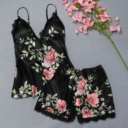 

OVTICZA Women s Cami Top and Shorts Sets Floral Nightwear Pajamas Set Lace Two-Piece Sleepwear Lounge Pj Set Black M