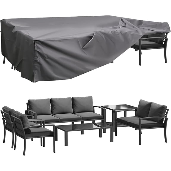 YODOLLA 6-Piece Metal Patio Furniture Set with Cover, Outdoor Sofa Set with Coffee & Side Table, Grey Cushions
