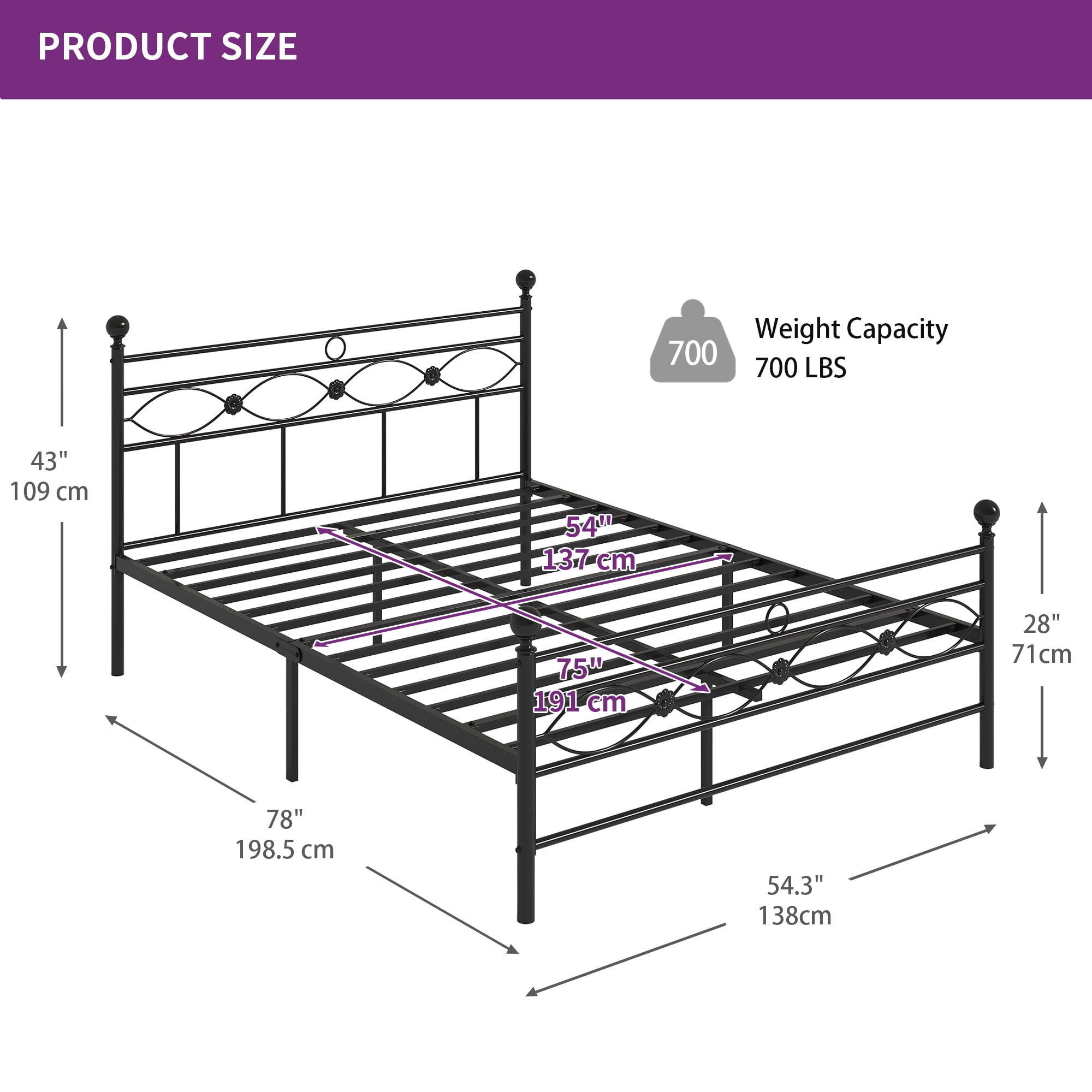 Dextrus Industrial Full Size Platform Metal Bed Frame with Headboard & Soundproof Cotton, No Box Spring Needed