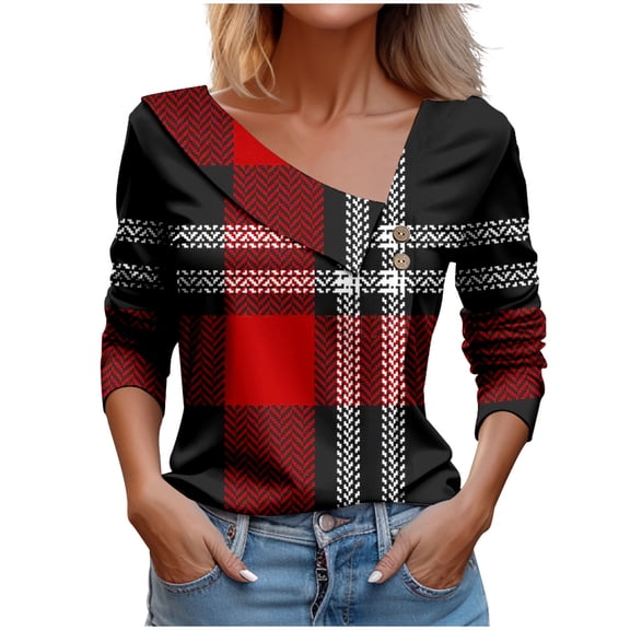 WREESH Womens Fashion Dressy Shirts V-Neck Side Button Printed Long Sleeved Shirt T-Shirt Pullover Multicolor