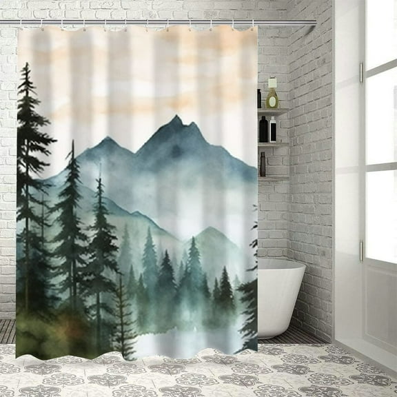 Creowell Mountain Trees Lake Modern Waterproof Shower Curtain for Country Cottage & Farmhouse Bathroom Decor 100% Polyester Washable Bathroom Shower Curtain Set with Hooks 36x72