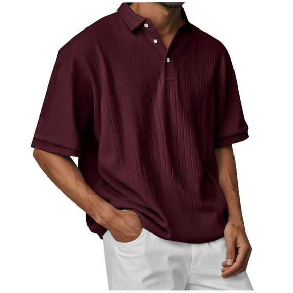 Mens Ribbed Lapel T-Shirt, Short Sleeve Shirts for Men Summer Casual Loose Fit Solid Color Button Up Blouses Tees Tops