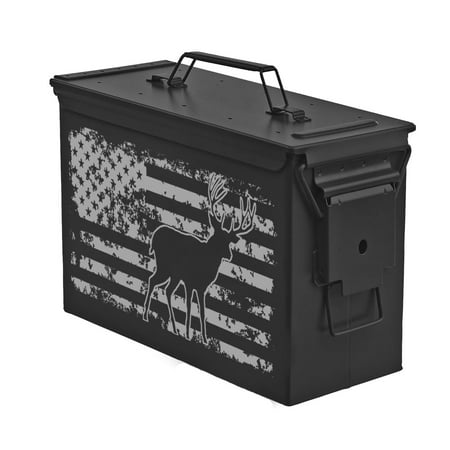 Steel Ammo Can Storage Box Ammunition Case USA Deer American Flag Hunting (30cal Black)
