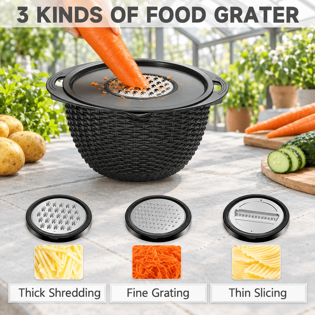 4-in-1 Black Colander With Bowl Set - Pasta Strainer Rice Fruit Veggie ...