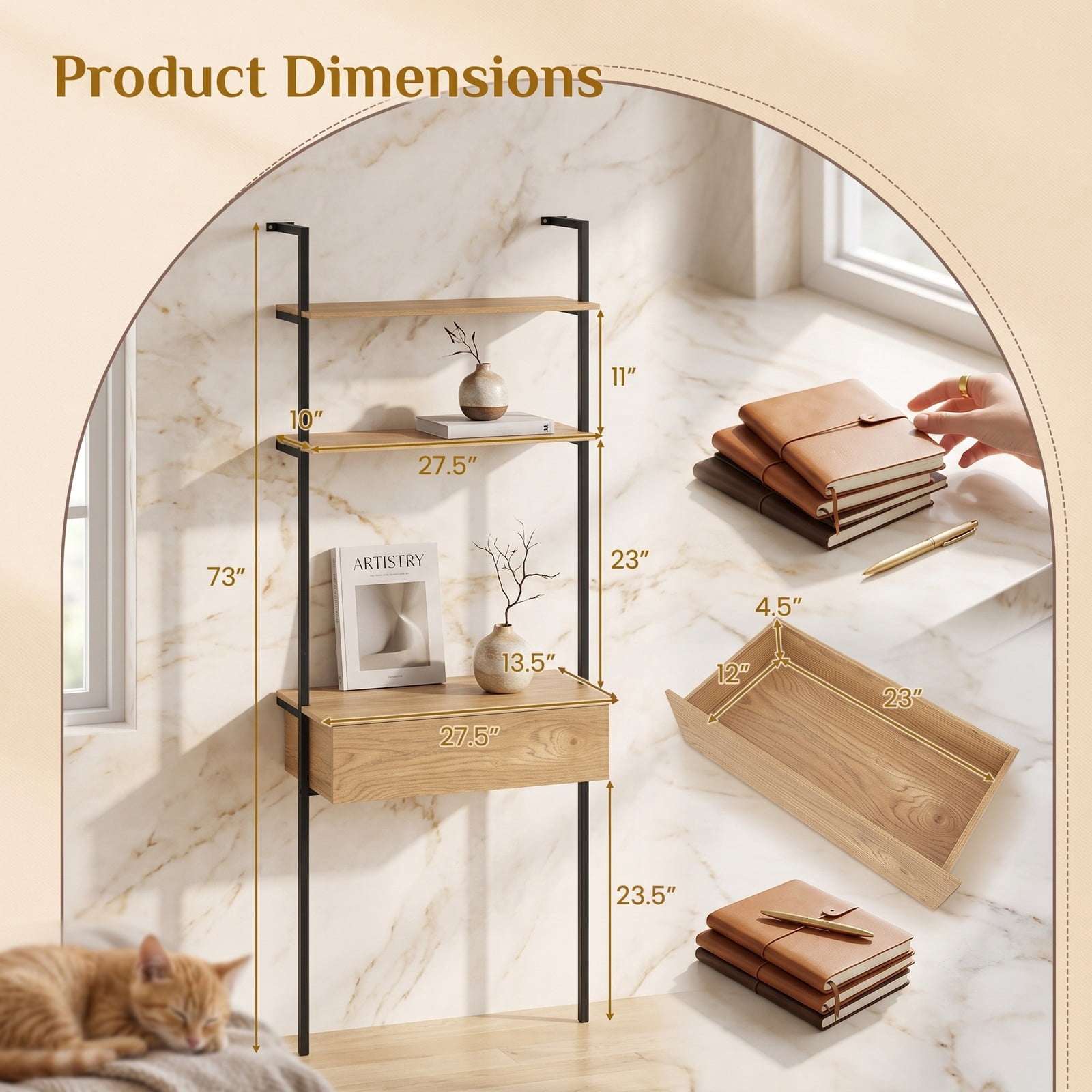 Furnibear 4-Tier Ladder Bookshelf with Drawer, Tall Narrow Metal Frame Bookcase Storage Shelf for Living Room, Bedroom, Home Office, Natural