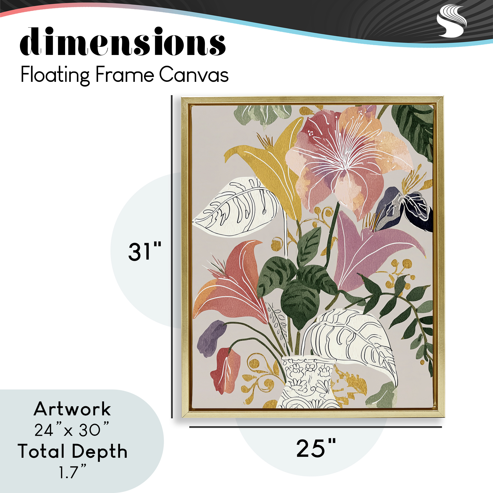 Playful Flower Bouquet Gold Framed Floater Canvas Wall Art, design by Annabelle Hall