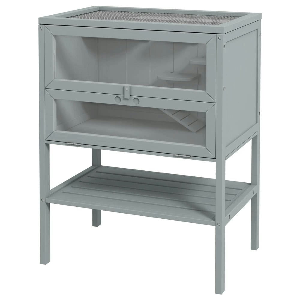 Topcobe 3-Tier Wooden Hamster Cage Mice and Rat Cage Small Animals Hutch with Openable Top, Front Door, Storage Shelf, Outdoor Wooden Pet Shelter, Gray