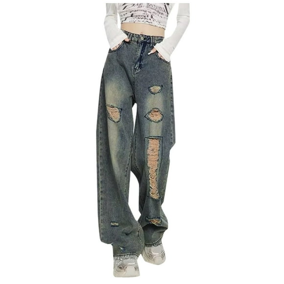 GYUJNB Jeans for Women Women Casual Ripped Wide Leg High Waist Straight Leg Loose High Street Trendy Jeans Democracy Jeans for Women,Blue,XL