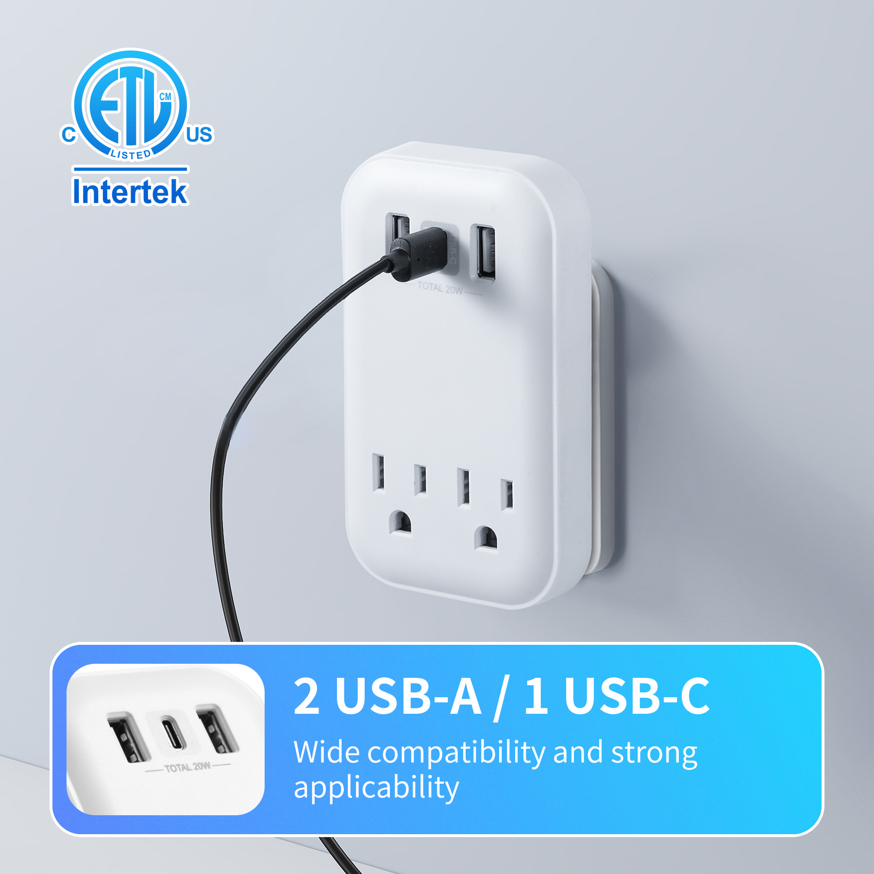 Hyper Tough USB Outlet Extender, 900J Surge Protector, 2 Outlet Splitter with USB-A & USB-C, White