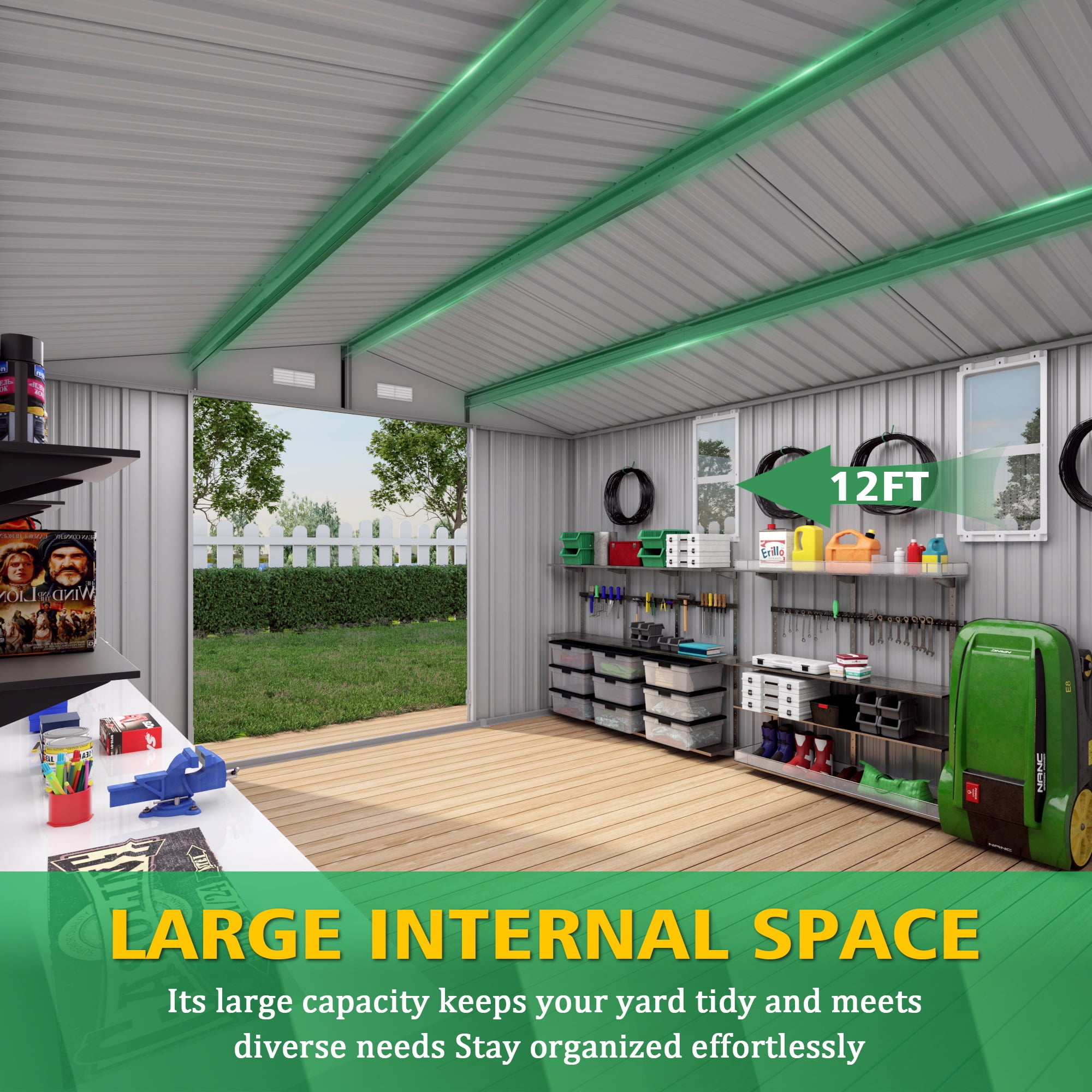 10x12FT Outdoor Tool Storage Shed,Large Metal Garden Shed w/ Double Door&2Window