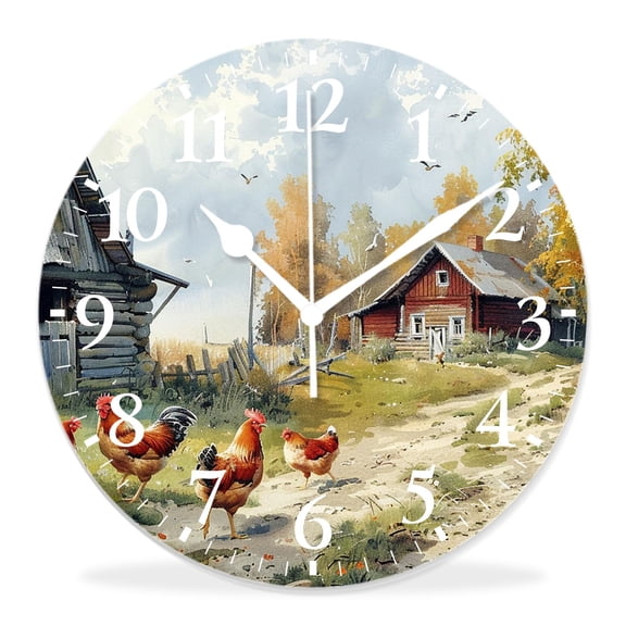 12 Inch Wall Clock Battery Operated Silent Clock Decorative for Office, Kitchen, Outdoor, Living Room,Chicken and Rooster in The Grass attractive