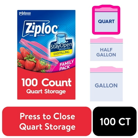 Ziploc Brand Storage Bags, School Supplies, with Grip 'n Seal Technology, Quart, 100 Count