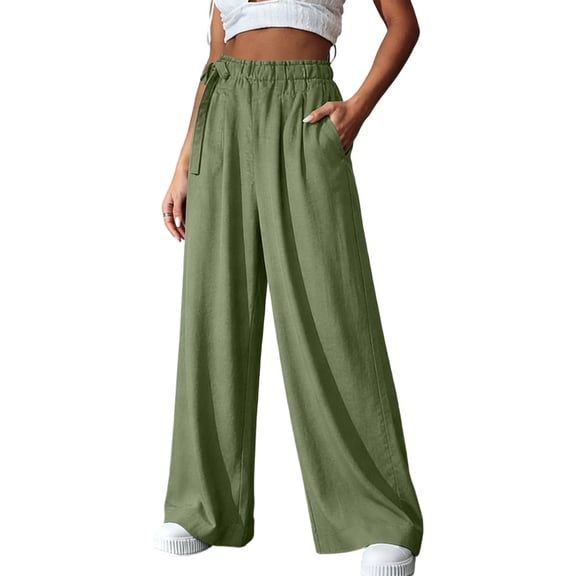 Admvng Women's Pants Paperbag Waist Wide Leg Side Tie Trousers with Pockets