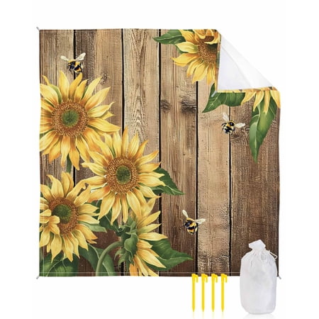 Beach Blanket Waterproof Sandproof Sunflower Beach Blankets with Stakes Quick Dry Sand Free Outdoor Picnic Mats Vintage Wood Grain Floral Dragonfly Large Beach Mat for Sand Camping Hiking 118"x108"