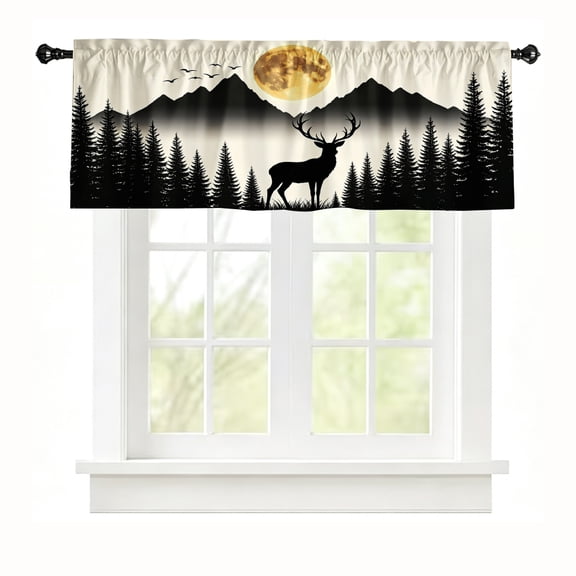 AshasdS Forest Deer & Moon Silhouette Window Valance Rustic Mountain Short Curtain Rod Pocket for Living Room
