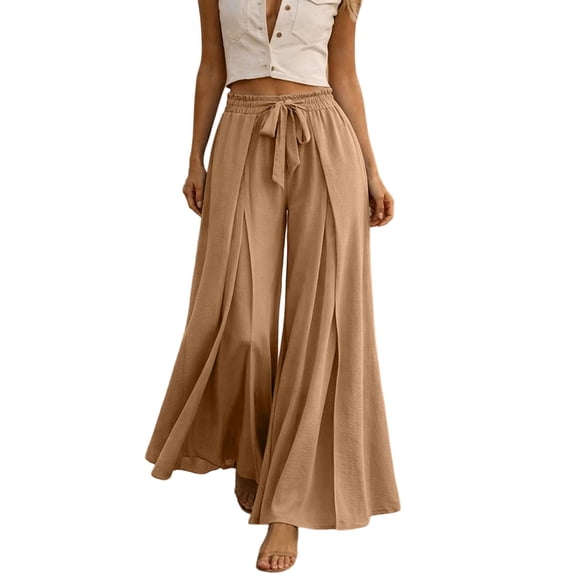 BLTIBY Wide Leg Palazzo Pants for Women High Waisted Drawstring Flowy Trousers with Pockets Casual Summer Vacation Pant Khaki XL