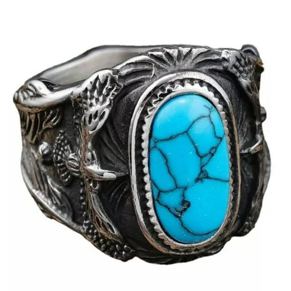 K-KED Fashion Retro Turquoise Stone Eagle Men's Stainless Steel Rings Size 7-15-12