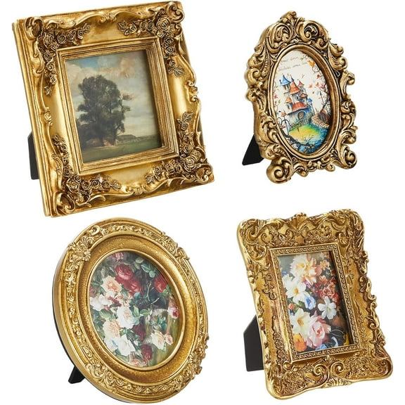 4 Pcs Small Vintage Picture Frame Round Rectangle Gold Ornate Antique Picture Frames for Tabletop Display Wall Hanging Home Decor(5.7" X 4.7",5.7" X 5.7",3.9" X 4.7",6.7" X 6.7")