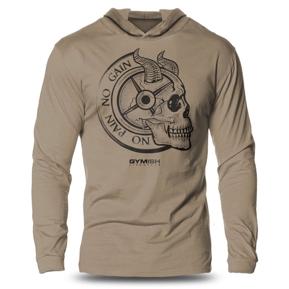 GYMISH No Pain No Gain Lightweight Long Sleeve Hooded T-Shirt for Men – Funny Workout Hoodie, Khaki, Small