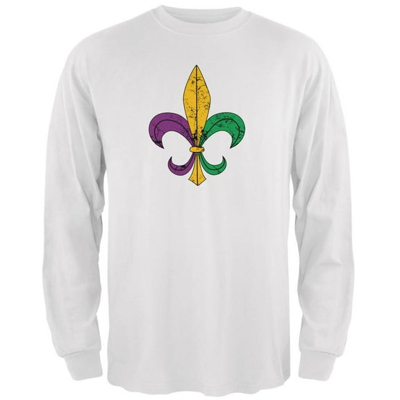 Mardi Gras Fleur De Lis Distressed White Adult Long Sleeve T-Shirt - Medium