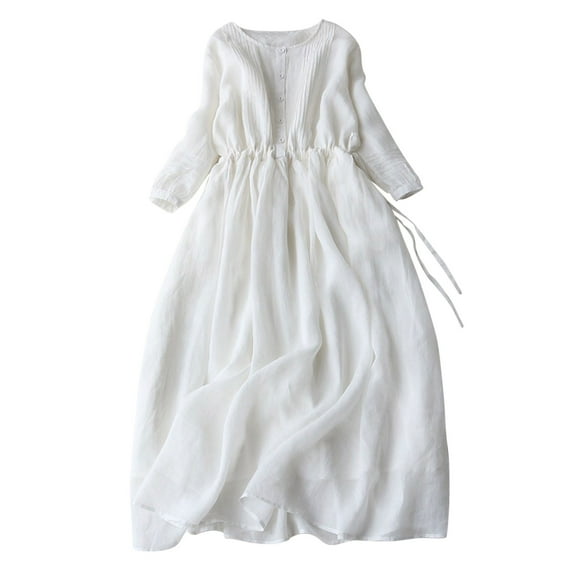 Cotton Linen Sundress for Women 3/4 Sleeve Crewneck Button up Dress Tunic Drawstring Solid Color Double Layer Maxi Dresses