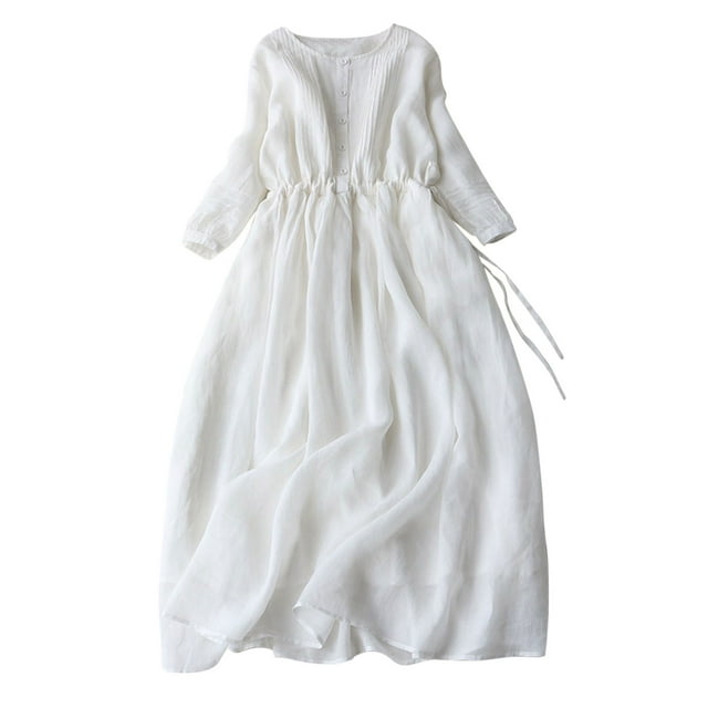 Birdeem Robe de Voyage Rétro en Coton et Lin pour Femmes, Col Rond, Double Couche, Rétractation de Taille