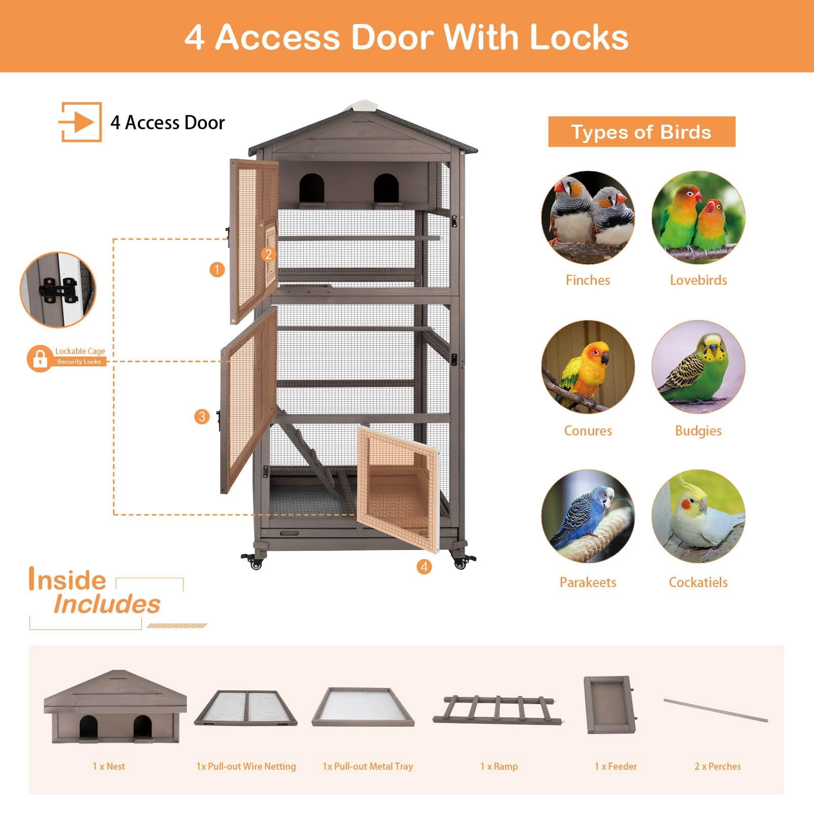 PETSCOSSET Flight Bird Cage Outdoor Large Wooden Bird Aviary on Wheels, Brown