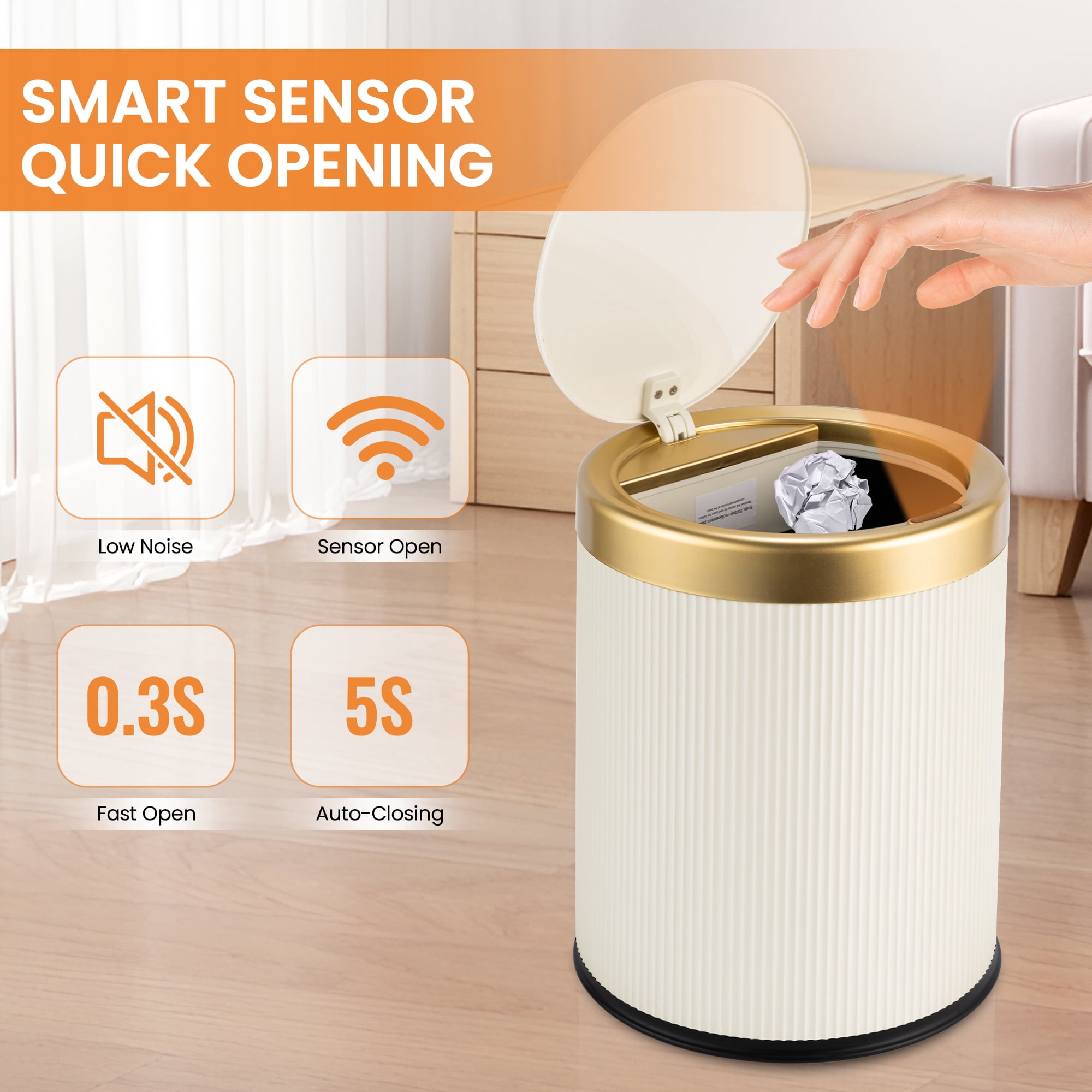 SUSTEAS 3.5 Gallon Motion Sensor Trash Can with Lid, Touchless Automatic Trash Bin for Kitchen and Bathroom