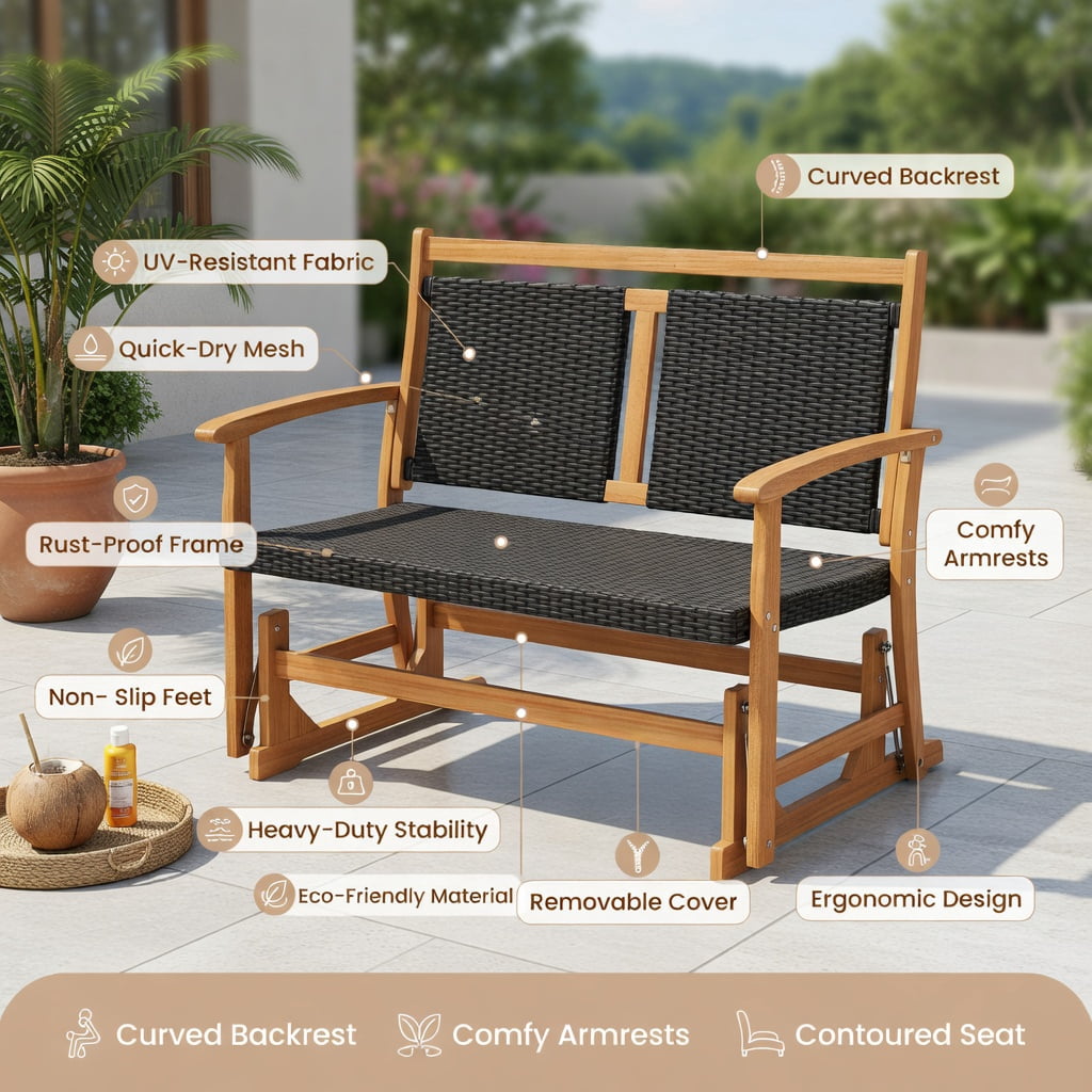 Hommoo 2-Person Outdoor Glider Bench with PE Rattan Seat & Back, Acacia Wood Frame, Sturdy Metal Base, for Patio, Backyard, Balcony Seating, Brown