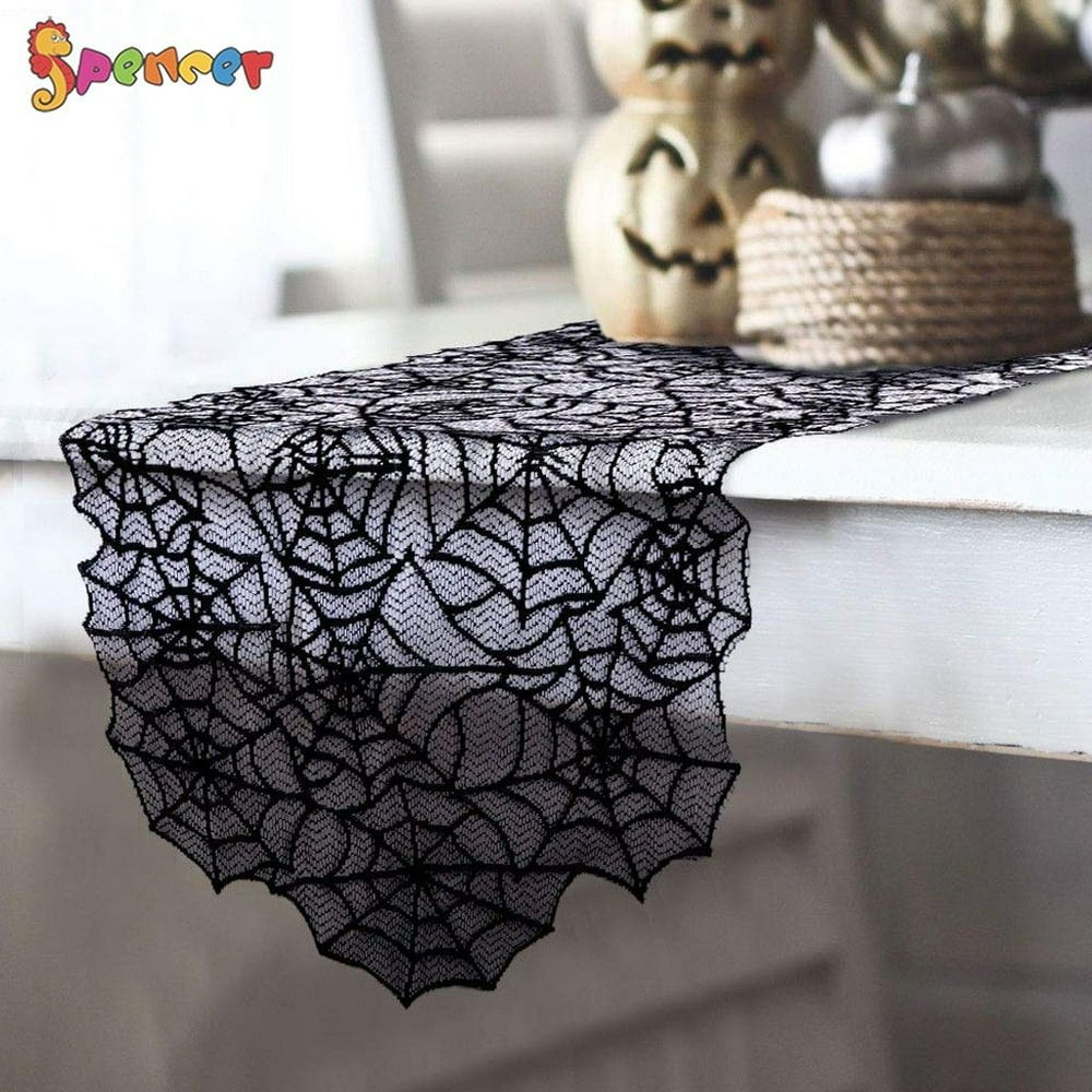 Spencer 80 x 20 inch Halloween Black Lace Spider  Table Runner