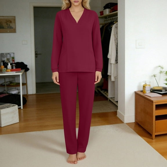 Gamivast Womens Scrub Sets Long Sleeve V-Neck Top & Straight Leg Pants Nursing Uniforms Solid Soft Comfy Stretch Medical Spa Workwear Matching Sets